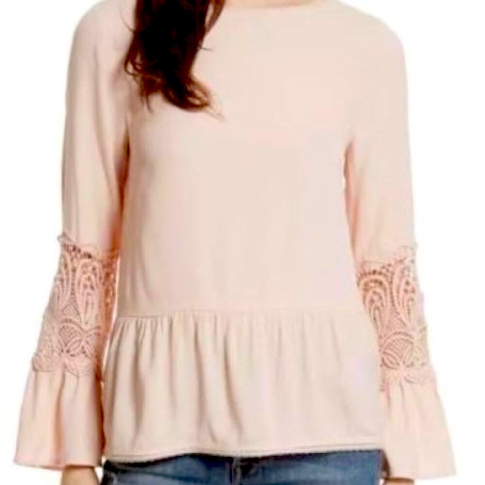 Joie NEW Boho Lace Bell Sleeves Flowy Top Blouse Peplum Fit Flare Tunic Shirt L